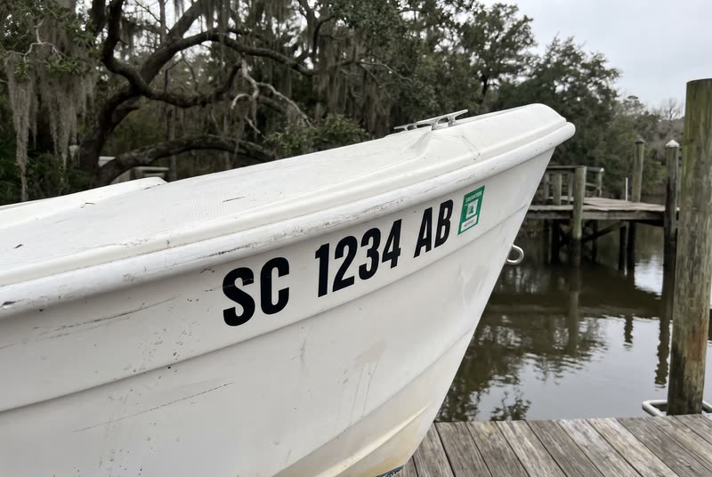 SC 1234 AB · 3" black on a light hull. What a South Carolina number looks like on the bow.