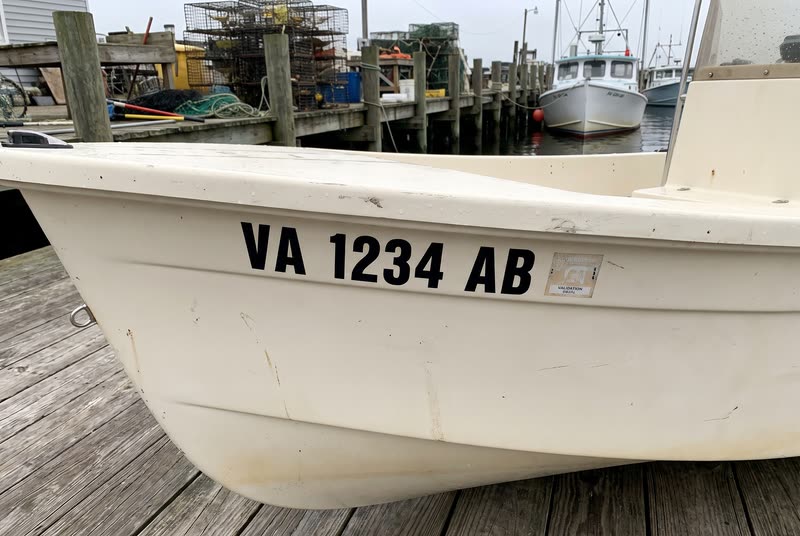 VA 1234 AB · 3" black on a light hull. What a Virginia number looks like on the bow.
